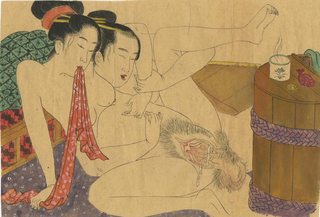 Eiri Chokyosai: Toe Curling Shunga c.1870 Woodblock: Japanese Woodblock Print, 1870s SIZE IN INCHES: oban, approx. 15 x 10 inches UTAMARO KITAGAWA (1753-1806) was a Japanese print maker and painter, and is considered one of the greatest artists of woodb
