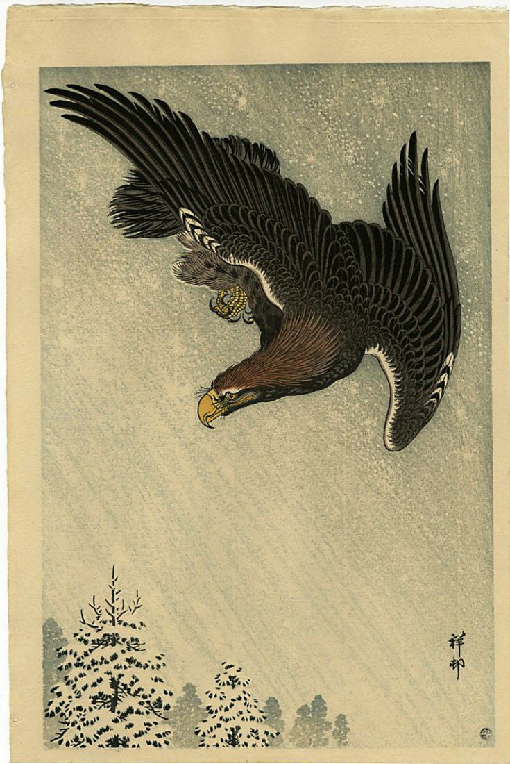 Koson Ohara: Eagle Flying Snow 1933 Woodblock 6mm Ed. (1 of 2)