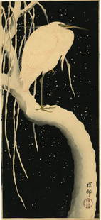 Koson: Egret on Snowy Branch 1920 Woodblock 1st Edition: Japanese Woodblock Print, c.1920, published by Shozaburo Watanabe SIZE IN INCHES: ohosoban, approx. 6.75 x 15 COMMENTS: Koson's most sought after print, Egret on a Snowy Branch is an icon of the shin