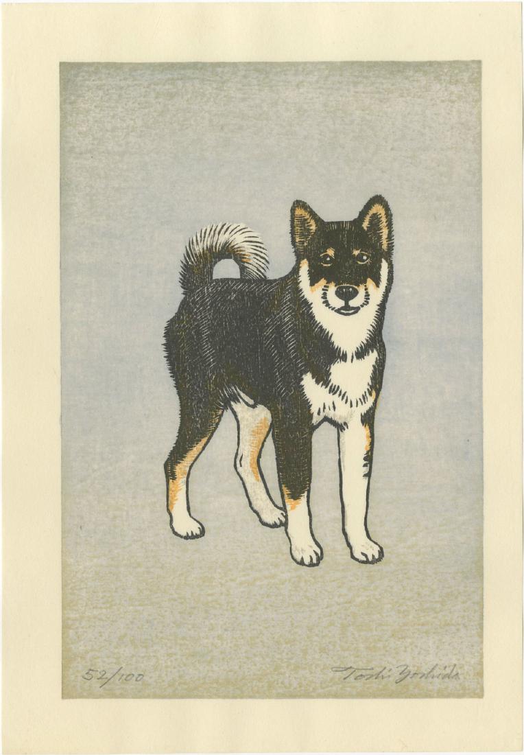 Toshi Yoshida - Monjiro Shiba Dog #52/100 1981 Sold Out: Japanese Woodblock Print, 1981, Yoshida Family Studio, pencil-signed by artist. Limited Ed. SIZE IN INCHES: 5.75 x 8.75 (plus margins) COMMENTS: Pencil-signed by artist. Edition is Sold Out.