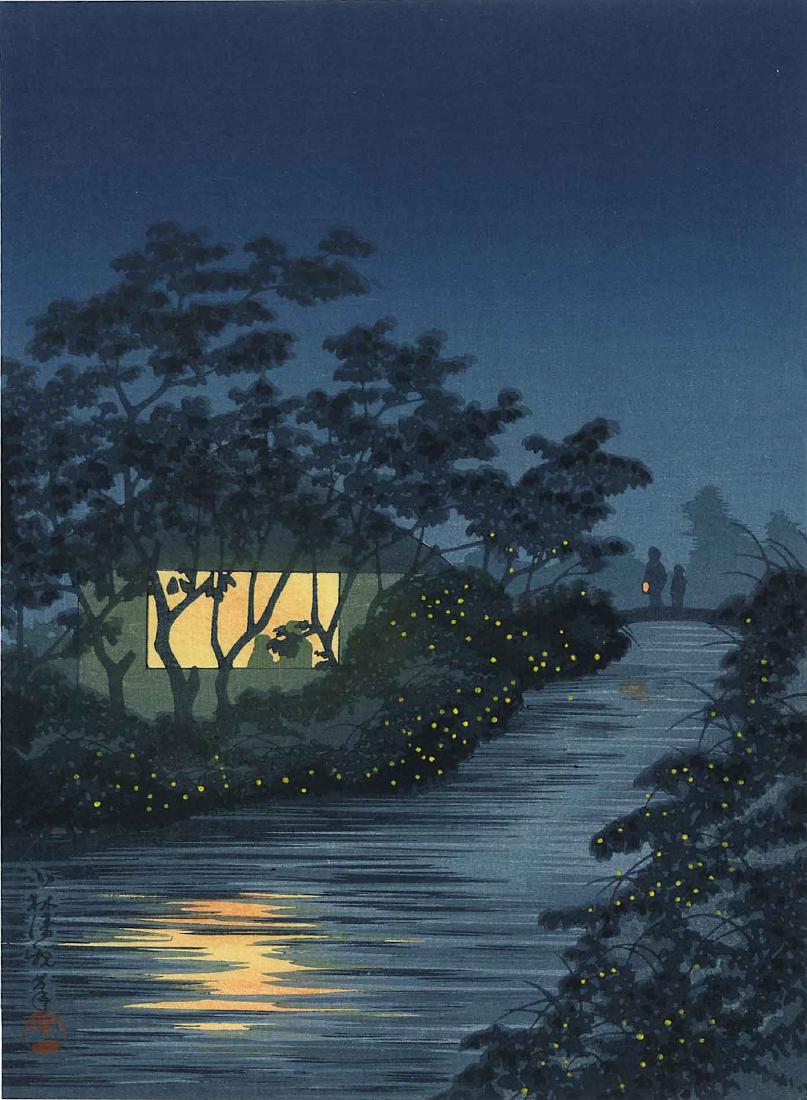Kiyochika Kobayashi: River of Fireflies c.1930s: Japanese Woodblock Print, c.1930s, published by Shima Art Company SIZE IN INCHES: chuban, approx. 7.5 x 10 PROVENANCE: From the Robert O. Muller estate SEITEI WATANABE (1851-1918) began to study art a