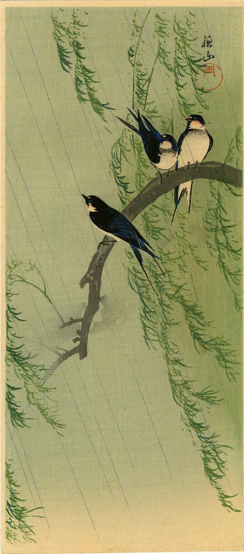Sozan Ito: Swallows on a Willow in Rain 1925 Woodblock (1 of 2)