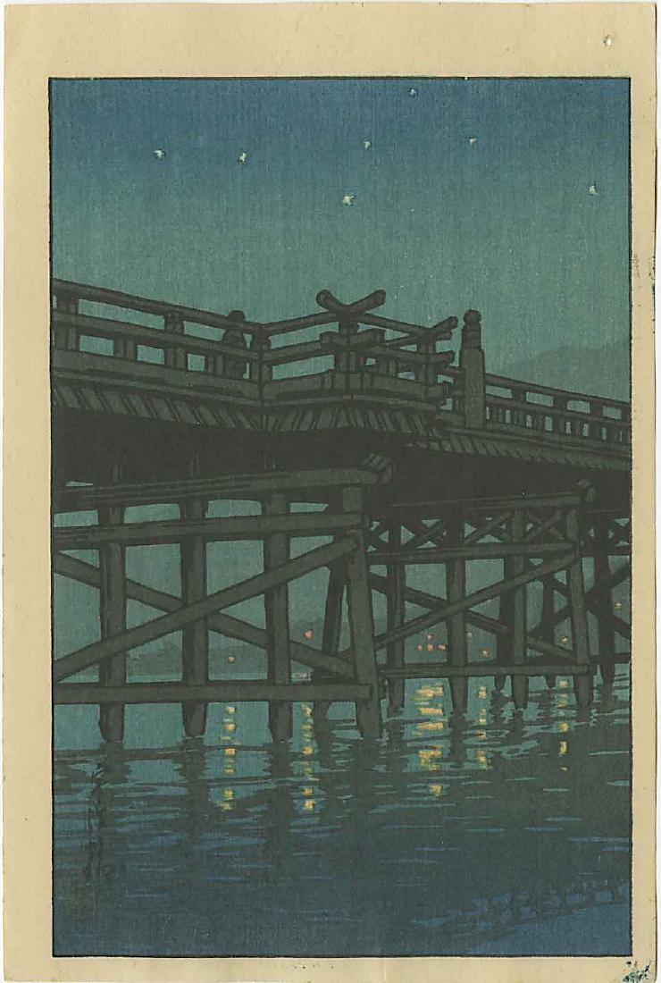 Hasui Kawase: Stars and Bridge c.1930s Woodblock: Japanese Woodblock Print, c.1930s, published by Shozaburo Watanabe SIZE IN INCHES: koban, approx. 5 x 7.5 PROVENANCE: from the estate of Robert O. Muller COMMENTS: The shin hanga publisher Watanabe pr