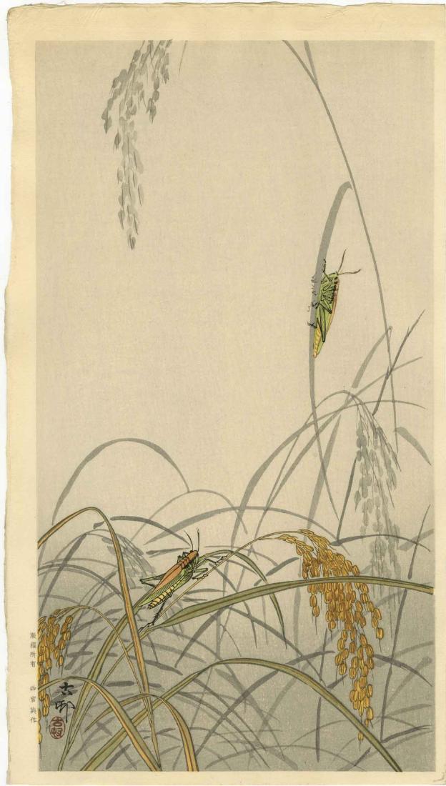 Koson Ohara: Grasshoppers on Rice c.1930 Woodblock (1 of 2)