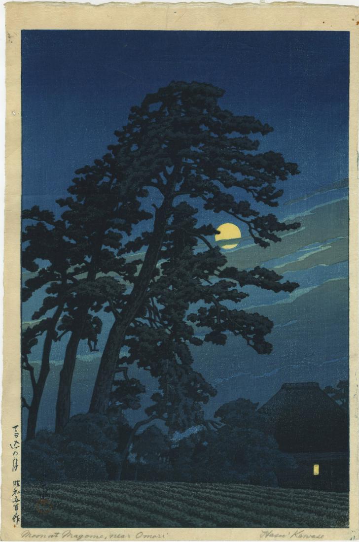Hasui Kawase: Moon At Megome 1930 Woodblock: Japanese Woodblock Print, 1924, lifetime edition with publishers 6mm seal (used 1948-1957), published by Shozaburo Watanabe, from the series Twenty Views of Tokyo SIZE IN INCHES: oban, approx. 10.25 x