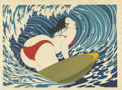 Yoshio Okada: Surfer Girl Woodblock 1st/only edition: Japanese woodblock print, 1974, first and only edition published by Yoshio Okada, dated and numbered as an A.P. (Artist's Proof) in pencil in the lower margin. 17.75 x 13 inches (overall). A rare and