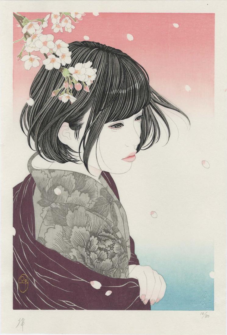 Yu Miyazaki: Full Bloom Woodblock 1st Edition: Japanese Woodblock Print, 2018, numbered 16/80, signed and embossed seal in the image SIZE IN INCHES: 10.5 x 15.5 inches YU MIYAZAKI (b.1973) is a contemporary artist living and working in Tokyo, Japa