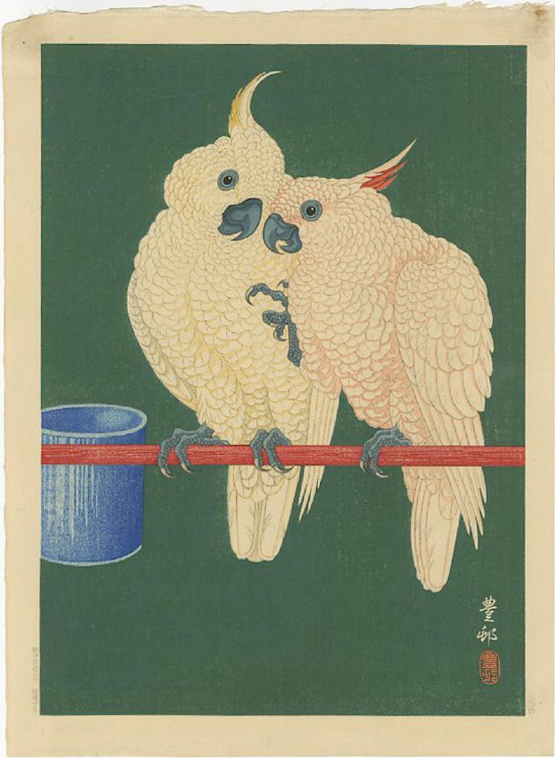 Ohara Koson - Two White Cockatoos Red Bar 1930 MULLER: Japanese Woodblock Print, 1930 -- Kawaguchi Publisher (1929-42, Tokyo), C/P Ito/Komatsu. SIZE IN INCHES: 9 3/8 x 13 (+ margins) COMMENTS: Robert O. Muller Estate source. Soft "bokashi" shading, extens