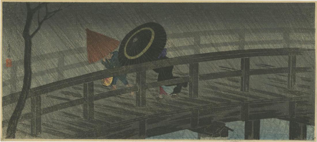 Takahashi Shotei - Night Shower Izumi Bridge woodblock: Japanese Woodblock Print, c1930 -- Watanabe Publisher (original/vintage pre-War printing). SIZE IN INCHES: 6 3/8 x 14 3/4 (without margins, as published) COMMENTS: Robert O. Muller Estate source. Skil