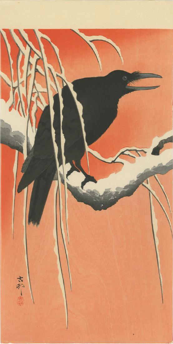 Ohara Koson - Crow on Snowy Branch woodblock Pre-EQ: Japanese Woodblock Print, c1900-23 -- Daikoku-ya Publisher SIZE IN INCHES: 7 3/8 x 13 5/8 COMMENTS: Frontispiece to "Complete Koson" reference (K.5.6, cat 48a). Skillfully executed "bokashi" shading, 