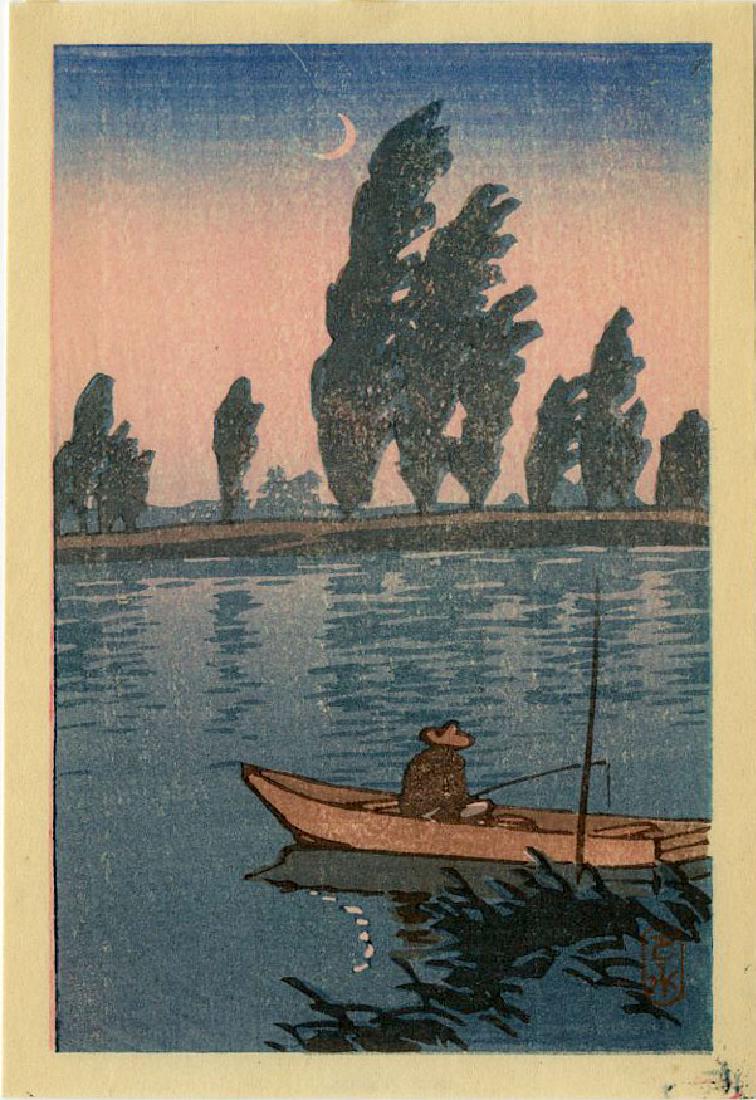 Hasui: Fisherman Under Crescent Moon Woodblock: Japanese Woodblock Print, c.1930 published by Shozaburo Watanabe SIZE IN INCHES: 4.25 x 6.25 inches KAWASE HASUI (1883-1957) was a Japanese woodblock print maker in the early 20th century. He and Hiro