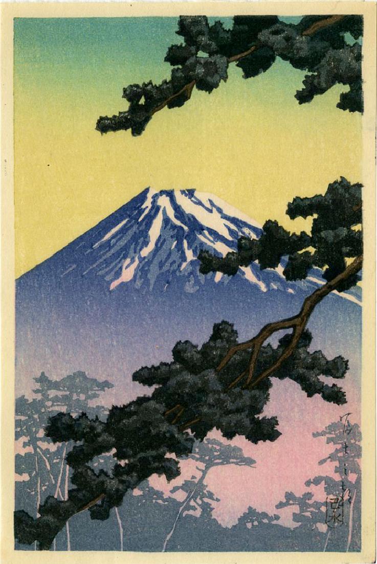 Hasui Kawase: Sacred Mt. Fuji 1936 Woodblock: Japanese Woodblock Print, 1936, from the series "Shinto and It's Architecture" published by Shozaburo Watanabe SIZE IN INCHES: koban, 5 x 7.25 inches KAWASE HASUI (1883-1957) was a Japanese woodblock 