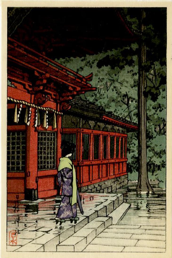 Hasui Kawase: Hie Shrine after Rain, Tokyo 1936: Japanese Woodblock Print, 1936, from the series "Shinto and It's Architecture" published by Shozaburo Watanabe SIZE IN INCHES: koban, 5 x 7.25 inches KAWASE HASUI (1883-1957) was a Japanese woodblock 