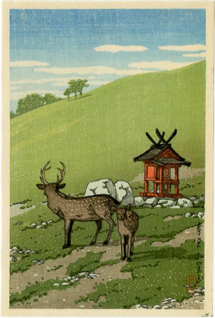 Hasui Kawase: Deer at Kasuga, Nara 1936 Woodblock: Japanese Woodblock Print, 1936, from the series "Shinto and It's Architecture" published by Shozaburo Watanabe SIZE IN INCHES: koban, 5 x 7.25 inches KAWASE HASUI (1883-1957) was a Japanese woodblock 