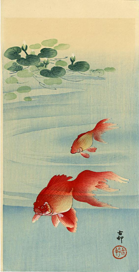Koson Ohara: Goldfish c. 1930 Woodblock: Japanese Woodblock Print, c. 1930, published by Daikokuya, signed and sealed Koson SIZE IN INCHES: 7.5 x 14.5 inches PROVENACE: from the estate of Robert O. Muller OHARA KOSON (1877-1945), who also we