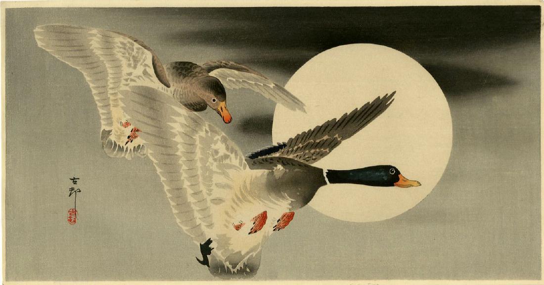 Koson Ohara: Geese and Full Moon 1920s Woodblock: Japanese Woodblock Print, c.1920s, published by Daikokuya, signed and sealed Koson SIZE IN INCHES: ohosoban, 14.5 x 7.5 inches PROVENACE: from the estate of Robert O. Muller OHARA KOSON (1877-1945), w