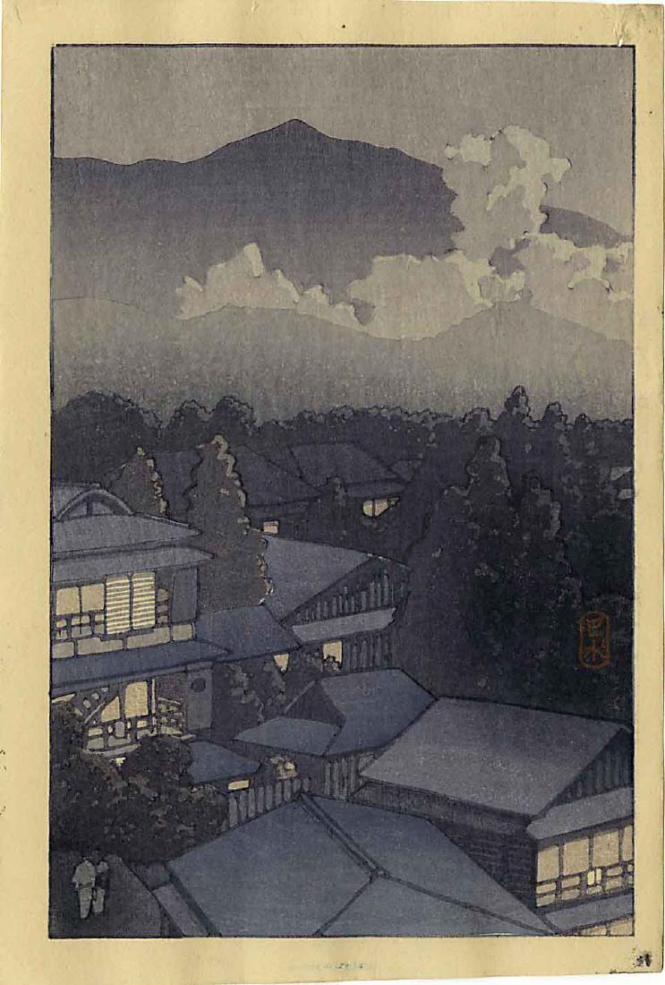 Hasui: Evening at Mountain Village c.1930s Woodblock: Japanese Woodblock Print, c.1930s, published by Shozaburo Watanabe SIZE IN INCHES: koban, approx. 5 x 7.5 PROVENANCE: from the estate of Robert O. Muller COMMENTS: The shin hanga publisher Watanabe pr