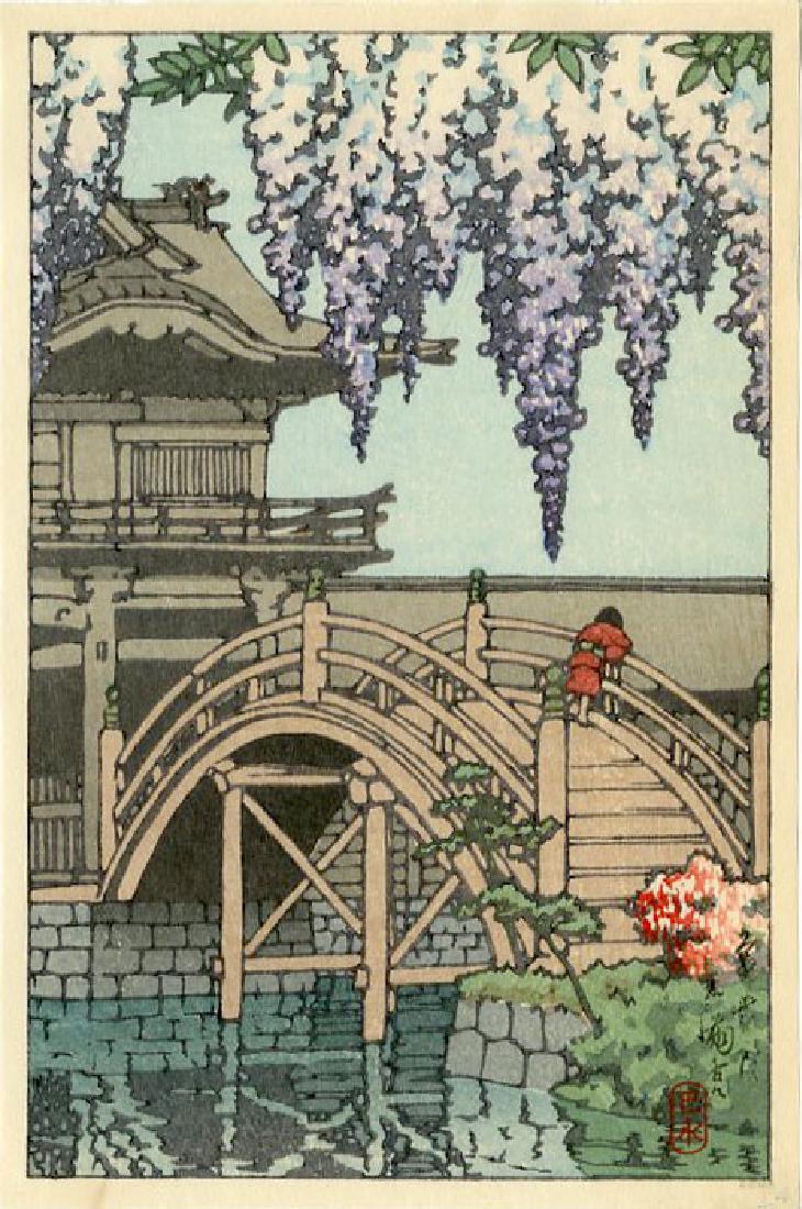 Hasui Kawase: Kamedo Shrine, Tokyo 1936 Woodblock: Japanese Woodblock Print, 1936, from the series "Shinto and It's Architecture" published by Shozaburo Watanabe SIZE IN INCHES: koban, 5 x 7.25 inches KAWASE HASUI (1883-1957) was a Japanese woodblock 
