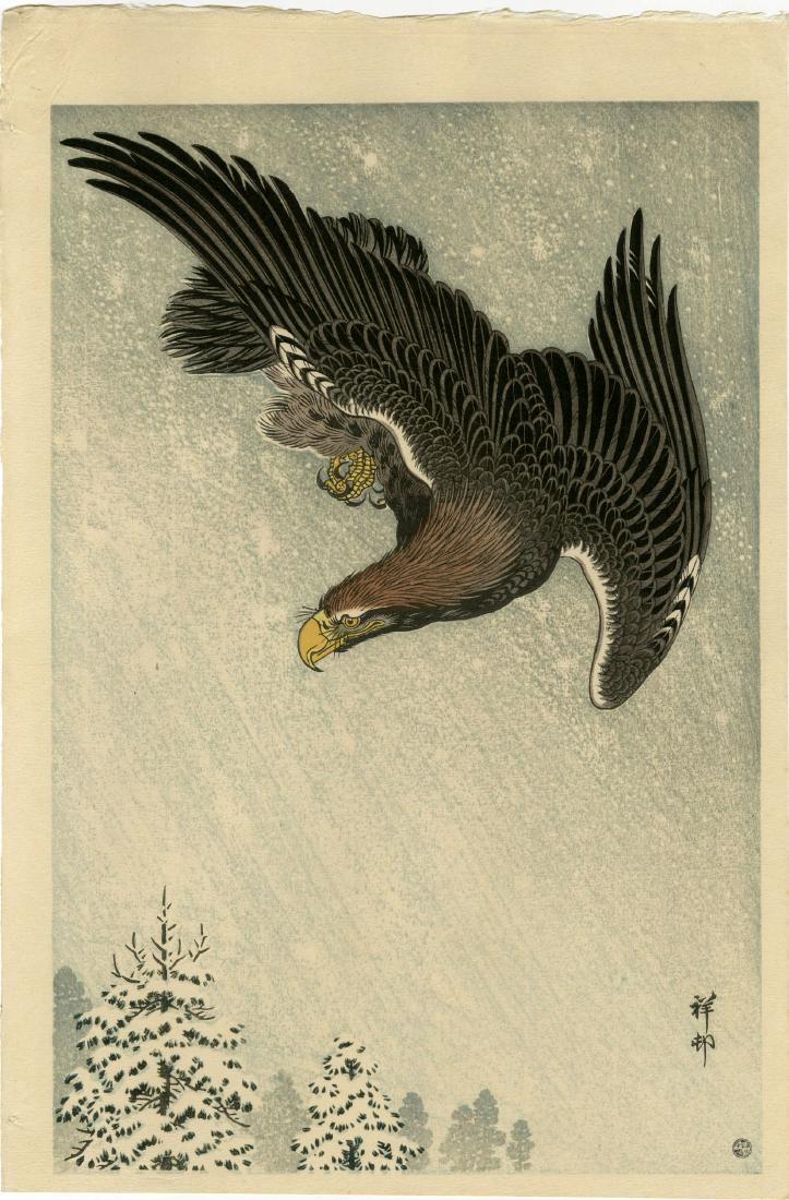 Koson Ohara: Eagle in Snow 1933 6mm seal Woodblock: Japanese Woodblock Print, 1933, with publisher's 6mm seal (used 1948-1957), published by Shozaburo Watanabe SIZE IN INCHES: 10.5 x 15.5 PROVENACE: from the estate of Robert O. Muller OHARA KOSON (1877