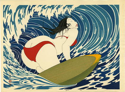 Yoshio Okada: Surfer Girl Woodblock 1st/Only Edition: Japanese Woodblock Print, 1974, self published by Yoshio Okada. Pencil numbered 16/100 and dated in the bottom margin. SIZE IN INCHES: 17.5 x 13 inches COMMENTS: A sensual design of a Japanese beauty