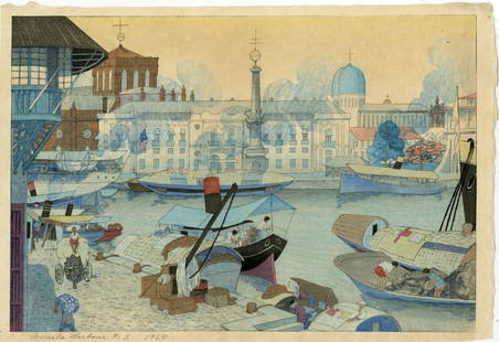 Elizabeth Keith: Manila Harbour 1924 1st Ed Woodbock: Japanese Woodblock Print, published by Watanabe, pencil titled and dated in the bottom margin SIZE IN INCHES: 15.75 x 10.75 inches COMMENTS: Rarely seen design by Keith ELIZABETH KEITH (1887-1956)