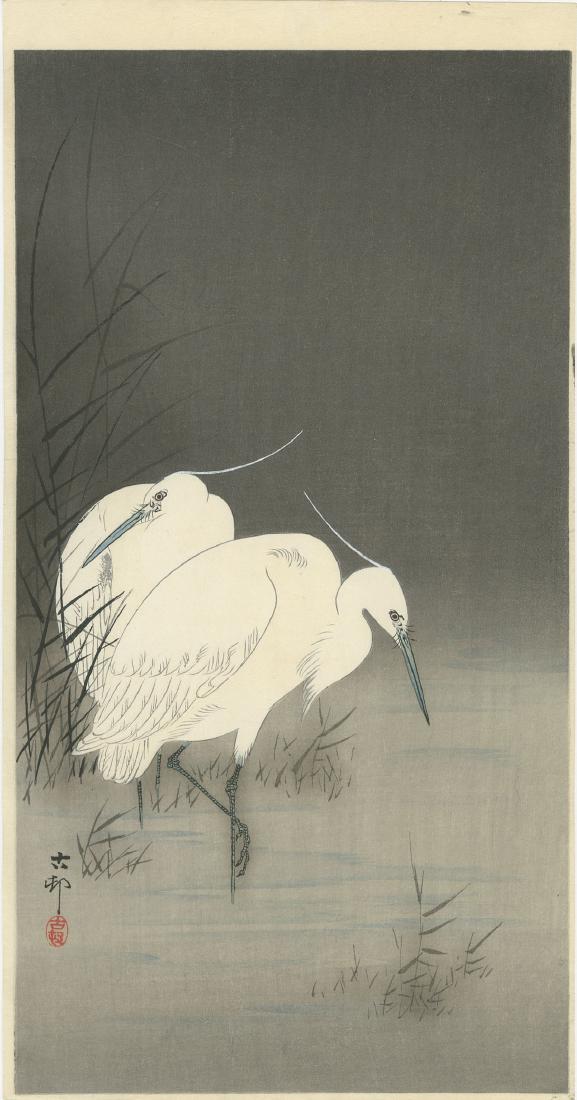 Ohara Koson - Egrets in Reeds woodblock c1910 Rare: Japanese Woodblock Print, Daikokuya Publisher, c1910 original print. SIZE IN INCHES: 7 1/4 x 14 5/8 (plus margins) Skillful bokashi shading. K14.18 in "Koson - Crows, Cranes, & Camellias" book. Rarely