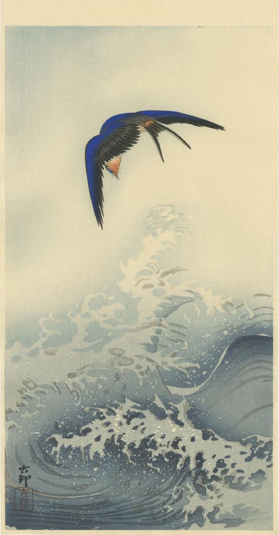 Ohara Koson - Swallow Over Waves woodblock Muller: Japanese Woodblock Print, c1920 -- Daikokuya Publisher, original print. SIZE IN INCHES: 7 1/8 x 13 1/2 COMMENTS: Skillful bokashi shading. Robert O. Muller Estate.
