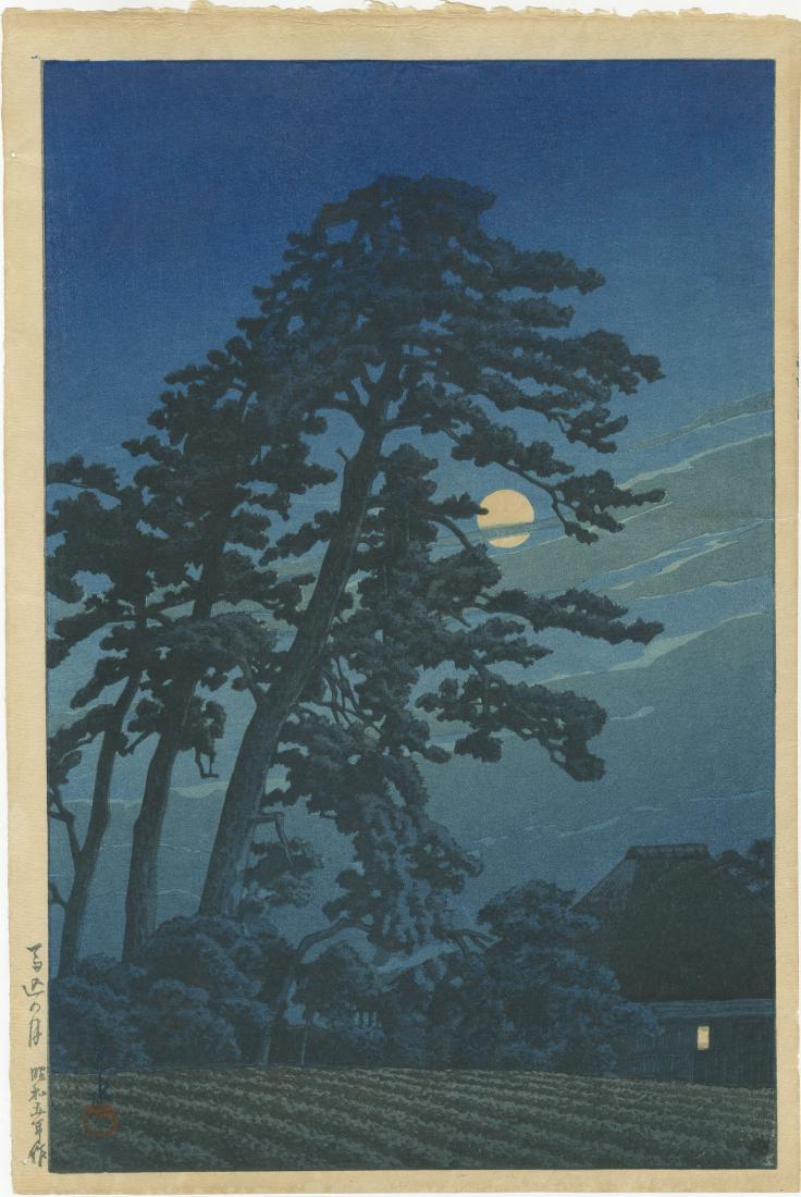 Hasui Kawase - Moon At Megome 1930 Woodblock 6-mm: Japanese Woodblock Print, 1930 -- Watanabe Publisher 6-mm (1946-57 lifetime printing). SIZE IN INCHES: oban, 9 3/8 x 14 1/4 (plus margins) COMMENTS: Skillfully executed "bokashi" shading, "gaufrage" (