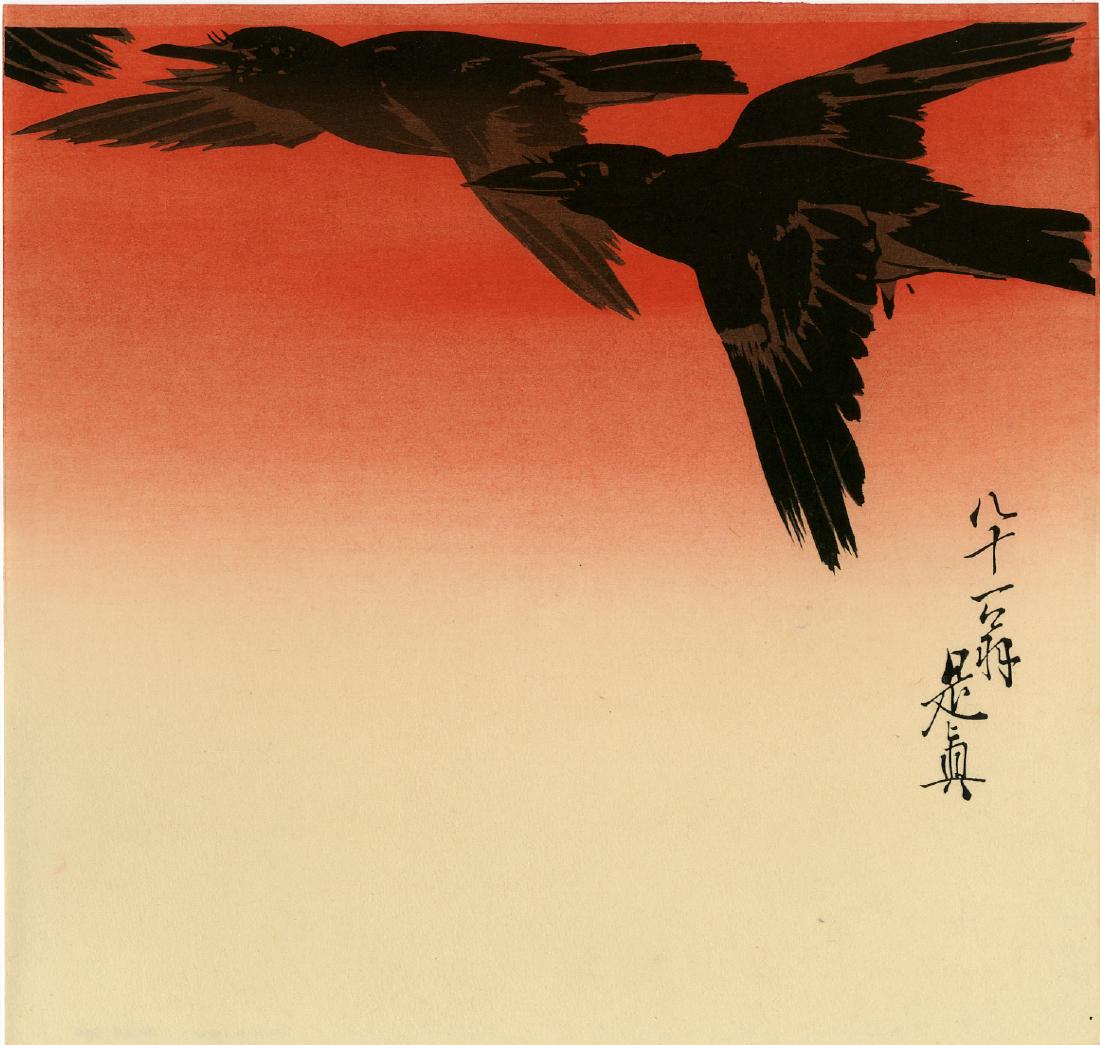 Zeshin Shibata: Three Crows in Flight 1920s Woodblock: Japanese woodblock print,1920s, published by Kawaguchi. SIZE IN INCHES: 10.1 x 9.6 inches PROVENANCE: From the estate of Robert O. Muller ZESHIN SHIBATA (1807-1891) was born in Tokyo (then Edo), the s