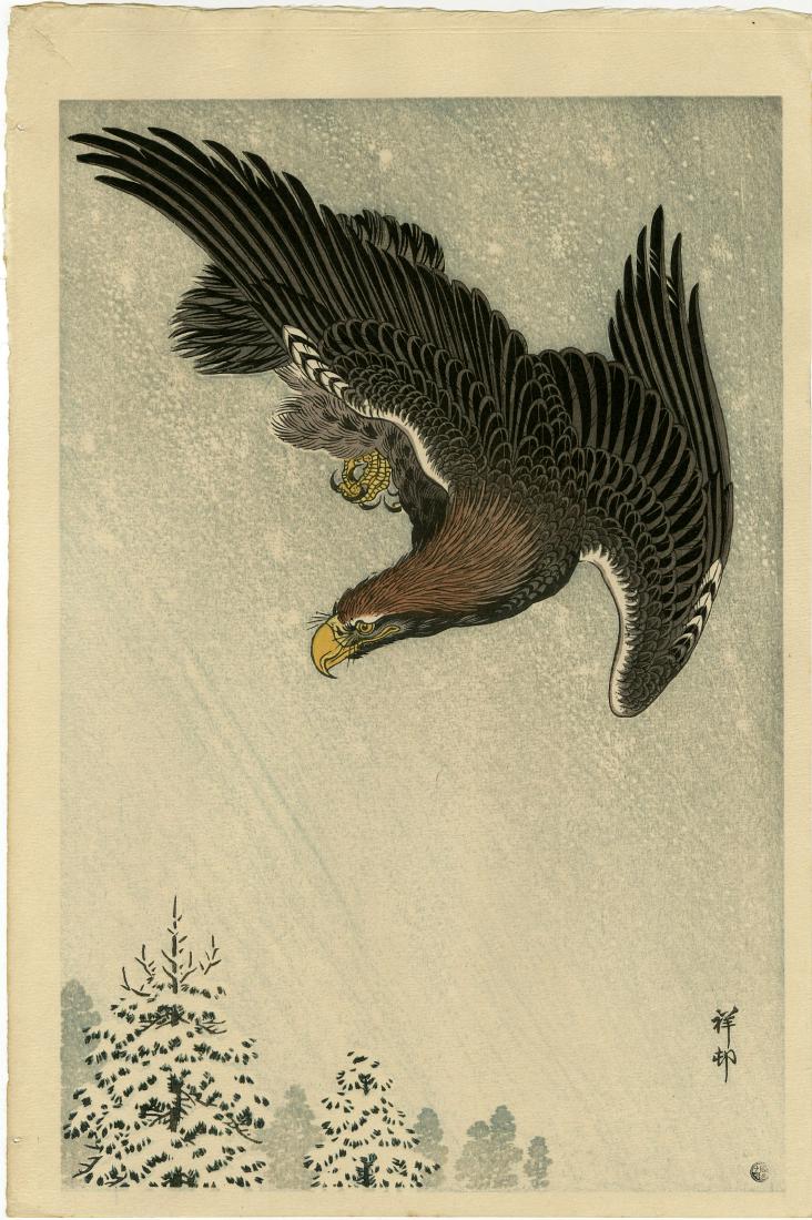 Koson Ohara: Eagle Flying in Snow 1930s Woodblock: Japanese woodblock print, 1930s, with publisher's 6mm seal (1946-1957 printing), published by Shozaburo Watanabe, signed Koson SIZE IN INCHES: oban, 10.25 x 15.25 inches PROVENANCE: from the Robert O.