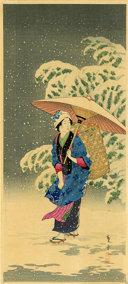 Shotei Takahashi: Spring Snow 1936 Woodblock: Japanese Woodblock Print, 1936, published by Shozaburo Watanabe SIZE IN INCHES: ohosoban, 6.75 x 15 inches PROVENANCE: from the Robert O. Muller eatate TAKAHASHI SHOTEI (1871-1945) was born in Tokyo w