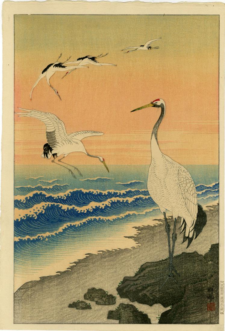 Koson Ohara: Five Emperor Cranes 1933 Woodblock: Japanese woodblock print, 1933, first edition published by Watanabe, with publisher's "C" seal (1929-1942 printing), signed and sealed Koson SIZE IN INCHES: oban, 10.25 x 15.25 inches PROVENANCE: from