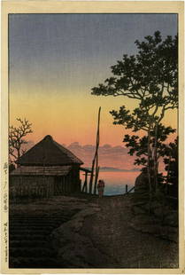 Hasui Kawase: Evening Asao 1936 "M" seal Woodblock: Japanese Woodblock Print, 1936, published by Shozaburo Watanabe, with publisher's "M" seal indicating that this print was presented as a gift by Watanabe the publisher (thought to be a sign of a super