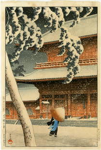 Hasui: Zozoji Temple in Snow 1925 "B" seal Woodblock: Japanese Woodblock Print, 1925, very early edition, published by Watanabe Shozaburo with publisher's "B" seal (used 1924-1930) in right margin, from the series Twenty Views of Tokyo, signed and