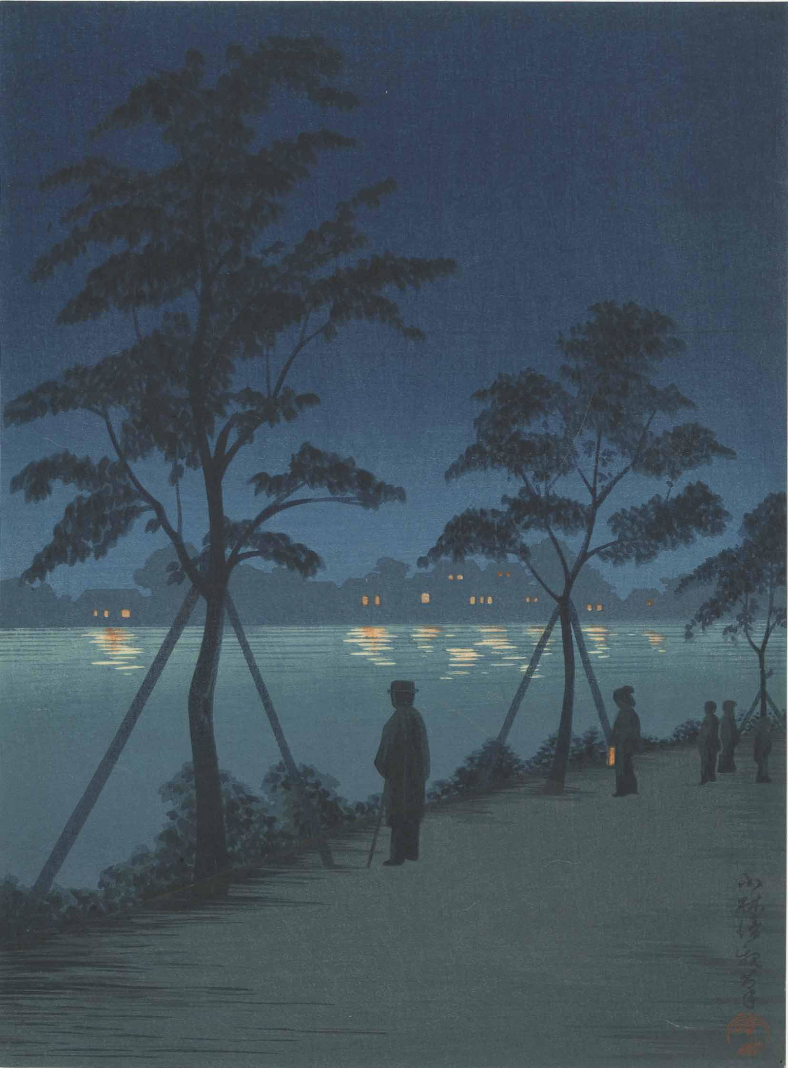 Kiyochika Kobayashi - Night at Sumida River c1920s: Japanese Woodblock Print, c1910/20's, Shima Art Company SIZE IN INCHES: 7 3/8 x 10 COMMENTS: Robert O. Muller Estate source. Skillfully executed "bokashi" shading, highly detailed. ALL PURCHASES WILL 