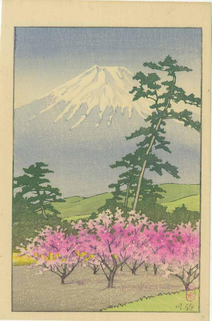 Hasui Kawase - Fuji and Cherry Trees 1936 woodblock: Japanese Woodblock Print, 1936, Watanabe Publisher, Military collection 1948-49. SIZE IN INCHES: 4 1/2 x 7 (plus margins) COMMENTS: J. Mikkelson Collection (USA Army, Tokyo 1948-49). ALL PURCHASES WIL