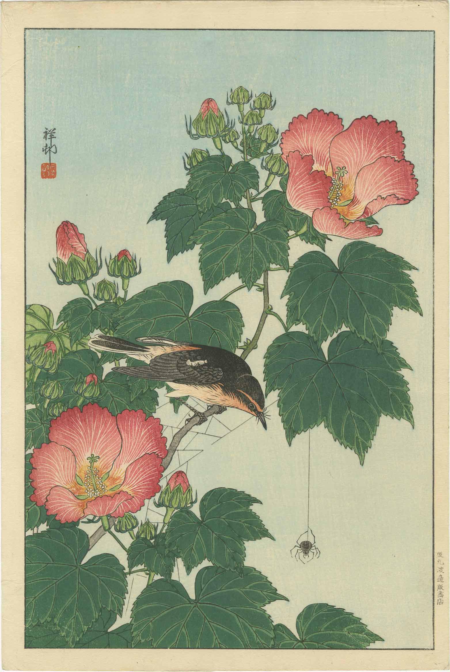 Ohara Koson - Fly-catcher and Spider 1932 woodblock: Japanese Woodblock Print, 1932, Watanabe Publisher, E-seal, Military collection 1948-49. SIZE IN INCHES: 9 1/4 x 14 1/4 inches (plus margins) COMMENTS: J. Mikkelson Collection (USA Army, Tokyo 1948-49