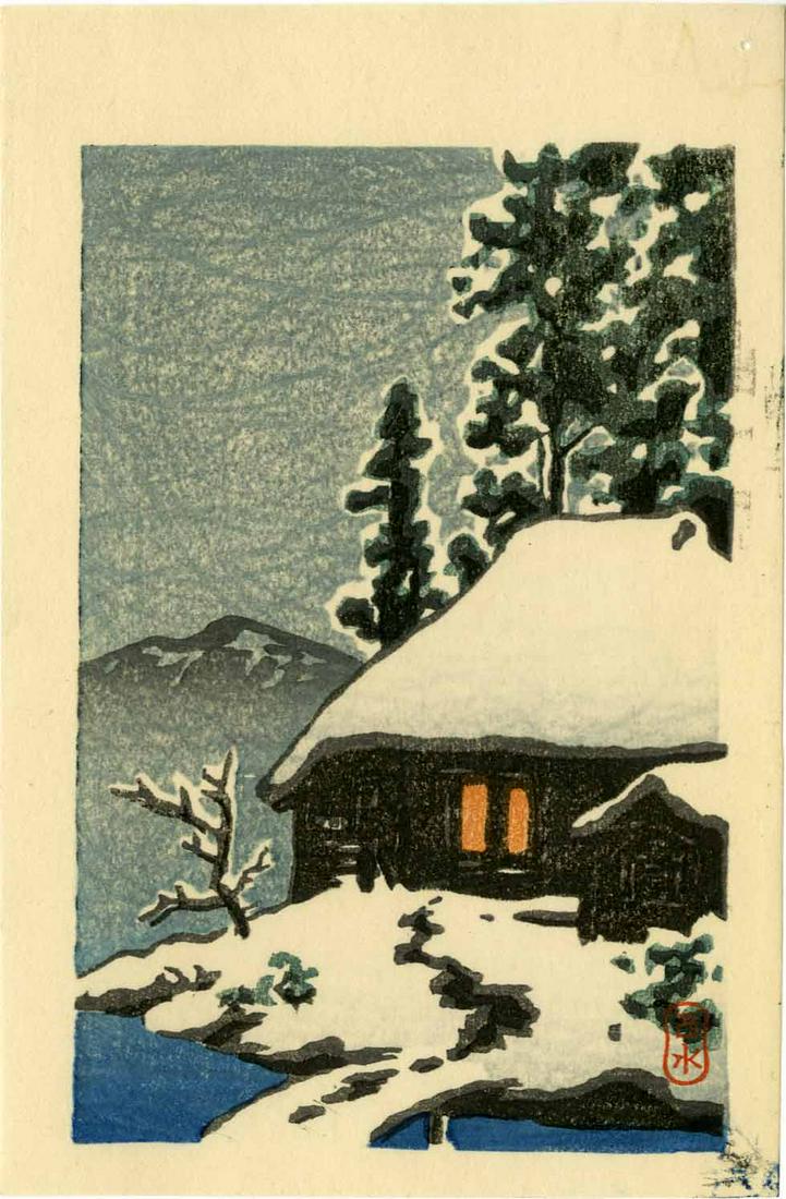 Hasui Kawase: House in Snow at Evening 1930 Woodblock: Japanese Woodblock Print, 1930s lifetime edition published by Shozaburo Watanabe. SIZE IN INCHES: 4.375 x 6.675 inches KAWASE HASUI (1883-1957) was a Japanese woodblock print maker in the early 20th c