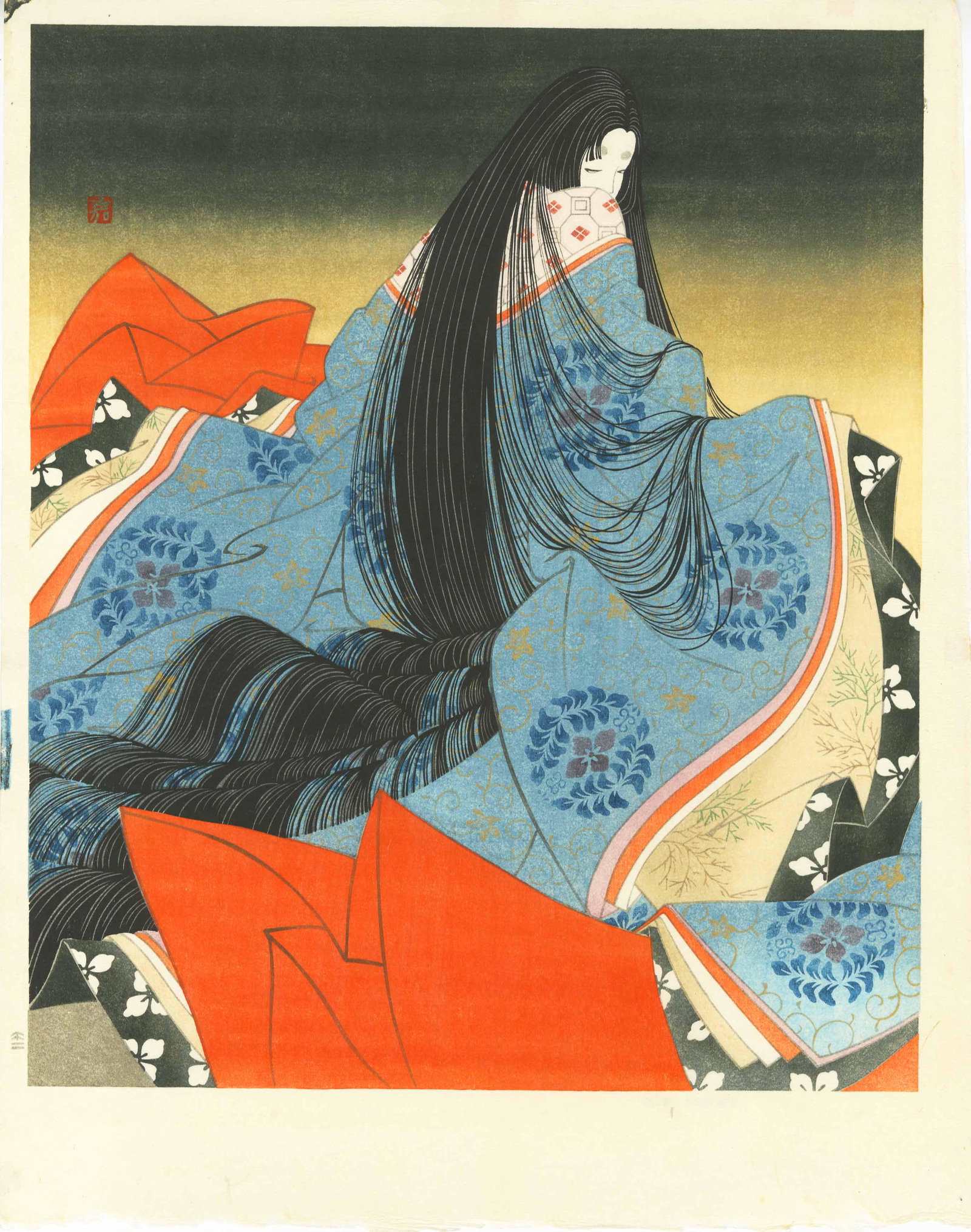 Yoshio Okada: Akashi (from Genji) 1970 Woodblock: Japanese Woodblock Print, first and only edition, published by Yuyudo. From "Genji E-maki" (Scroll of the Tale of Genji), "Akashi". Princess Akashi when she sees prince Genji first time. One of four s