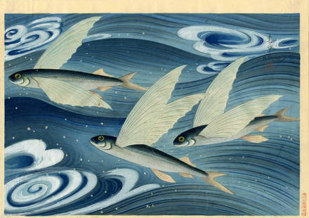 Bakufu Ohno: Flying Fish 1938 1st Ed. Woodblock: Japanese Woodblock Print, 1938, first edition from the series "Familiar Fishes of Nippon, published by Nishinomiya SIZE IN INCHES: oban, 16.2 x 11.5 inches COMMENTS: This flying fish print is consider