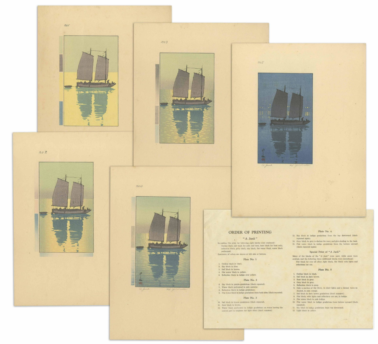 Hiroshi Yoshida: Junk, Printing Process 1939 Woodblocks: Japanese Woodblock Print, 1939, Five prints of a Junk illustrating the printing process, ink and pencil signatures and seals on no. 4 and no.5; and the original explanation sheet describing the printi
