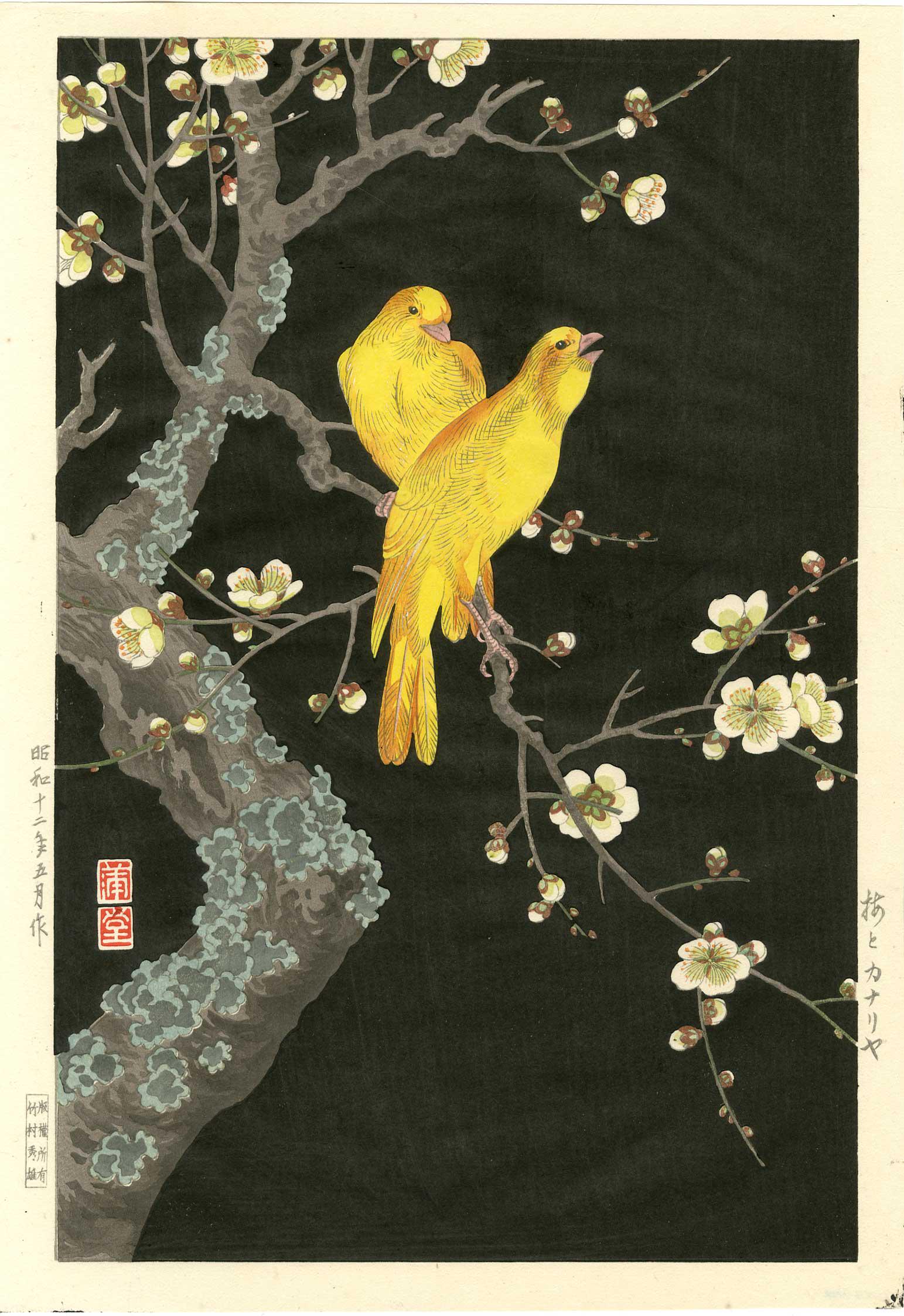 Hodo Nishimura - Canaries 1938 Original Muller Estate: Japanese Woodblock Print, 1938, original edition, Takemura Hideo Publisher (Yokohama, 1926-39). SIZE IN INCHES: SIZE IN INCHES: 9 1/2 x 14 1/4 (plus margins) COMMENTS: "Garffrage" (embossing), skillfu