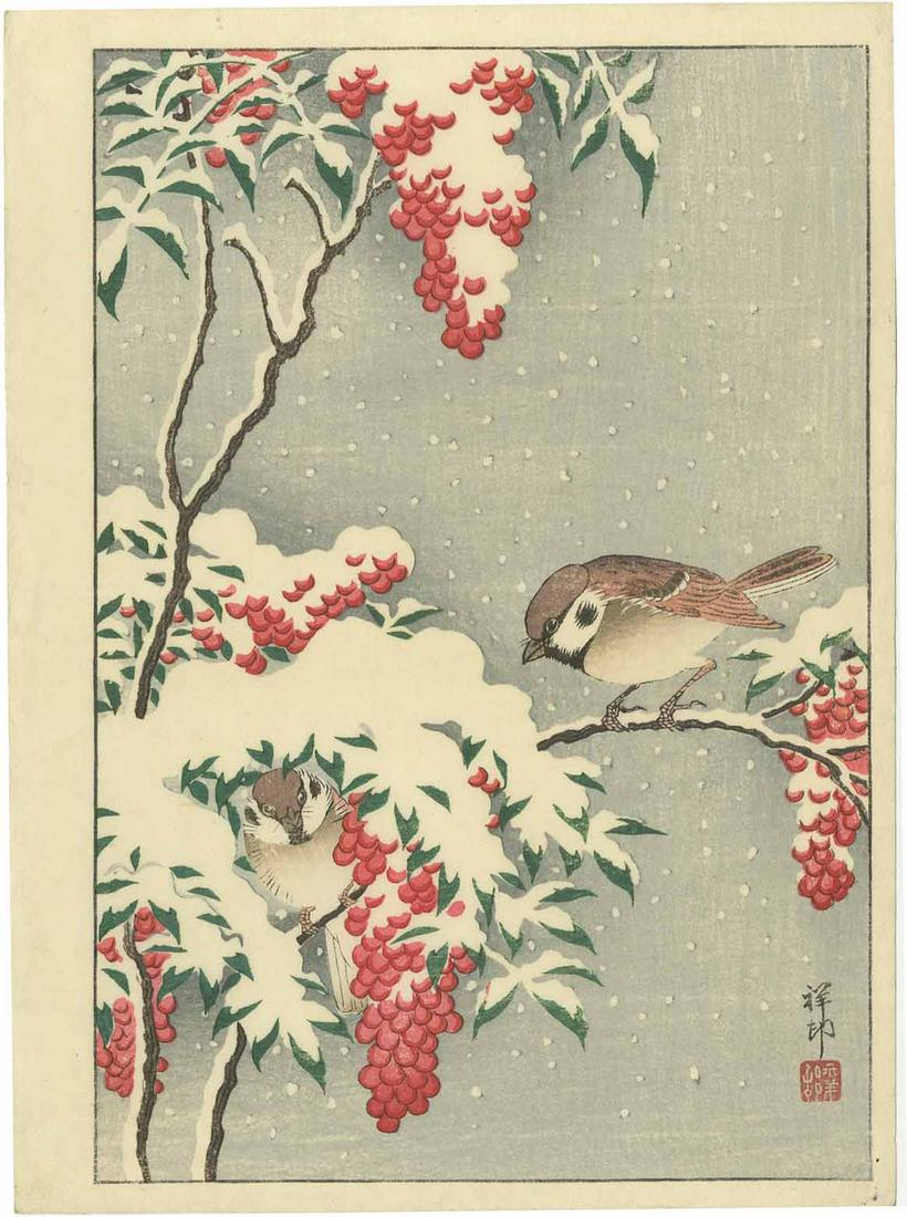 Ohara Koson - Sparrows on Nandin Bush c1930 woodblock: Japanese Woodblock Print, c1930-36, Watanabe Publisher, Military collection 1948-49. SIZE IN INCHES: 6 1/2 x 9 3/4 inches (plus margins) COMMENTS: J. Mikkelson Collection (USA Army, Tokyo 1948-49). Sk