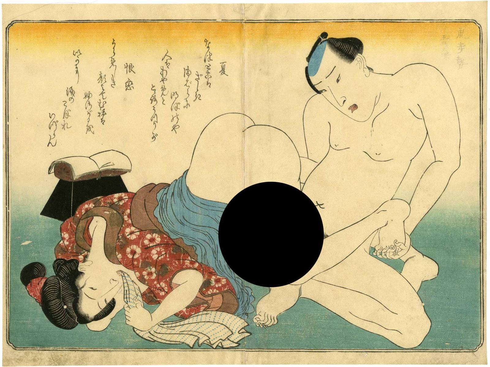 after Kunisada - Original Meiji 1860s Shunga woodblock: Japanese Woodblock Print, Meiji era 1860-70's, original printing SIZE IN INCHES: 12 3/4 x 9 Larger "oban" format. COMMENTS: Highly detailed, "bokashi" shading, burnishing to black areas. Quite clean f
