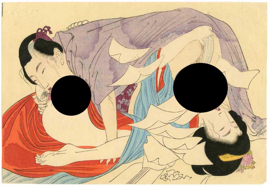 Eisen (attrib) - Original Edo 1820/30s Shunga woodblock: Japanese Woodblock Print, 1820-30's, original Edo-era printing. SIZE IN INCHES: 7 1/4 x 5 Larger "koban" format. COMMENTS: Advance printing with extensive silver metalics to kimono, burnishing to hair