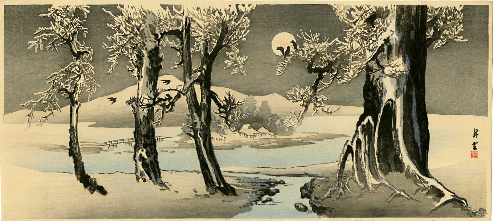 Yamamoto Shoun: Winter Landscape 1930s Woodblock: Japanese Woodblock Print, 1930s, Village in Winter with Crows SIZE IN INCHES: ohosoban, approx.15 x 6.9 inches PROVENANCE: from the Robert O. Muller eatate YAMAMOTO SHOUN (1870-1965), who is also know