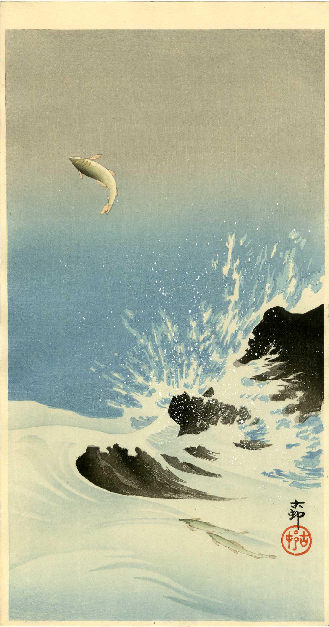 Koson Ohara: Salmon Jumping in Rapids 1920s Woodblock: Japanese Woodblock Print, 1920s Japanese Woodblock Print, c.1920s, published by Daikokuya, signed and sealed Koson SIZE IN INCHES: ohosoban, 7.5 x 14.5 inches PROVENACE: from the estate of Robert O. M
