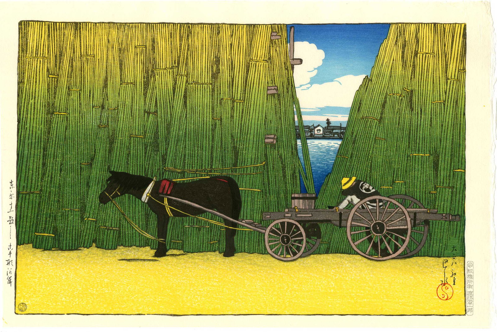 Hasui Kawase: Komagata Embankment 1919 Woodblock: Japanese Woodblock Print, originally published 1919, this is a later edition printed from recarved woodblocks published by Shoichiro Watanabe with 7mm seal and N-seal SIZE IN INCHES: 15.5 x 10.5 inche