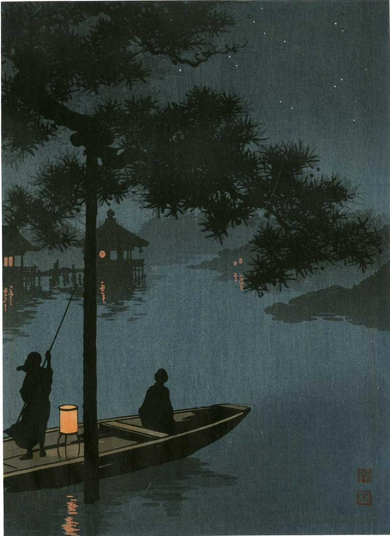 Koho Shoda - Lake Biwa 1920-30s Woodblock Old: Japanese Woodblock Print, c1920-30's, Hasegawa/Nishinomiya Publisher, "Night Scenes" series (21 designs) SIZE IN INCHES: chuban, 7 x 9 3/4 COMMENTS: Vintage "Night Scenes" series. Skillful "bokashi" s