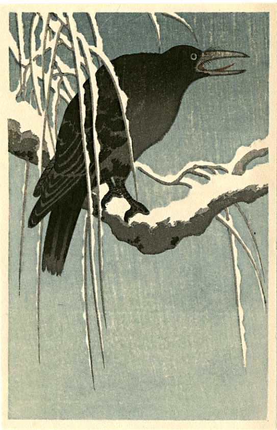 Koson Ohara: Crow on Snowy Branch Woodblock: Japanese Woodblock Print, 1930s, published by Shozaburo Watanabe SIZE IN INCHES: 3.75 x 5.75 inches OHARA KOSON (1877-1945), who also went by the art names of Shoson and Hoson, began his career as the